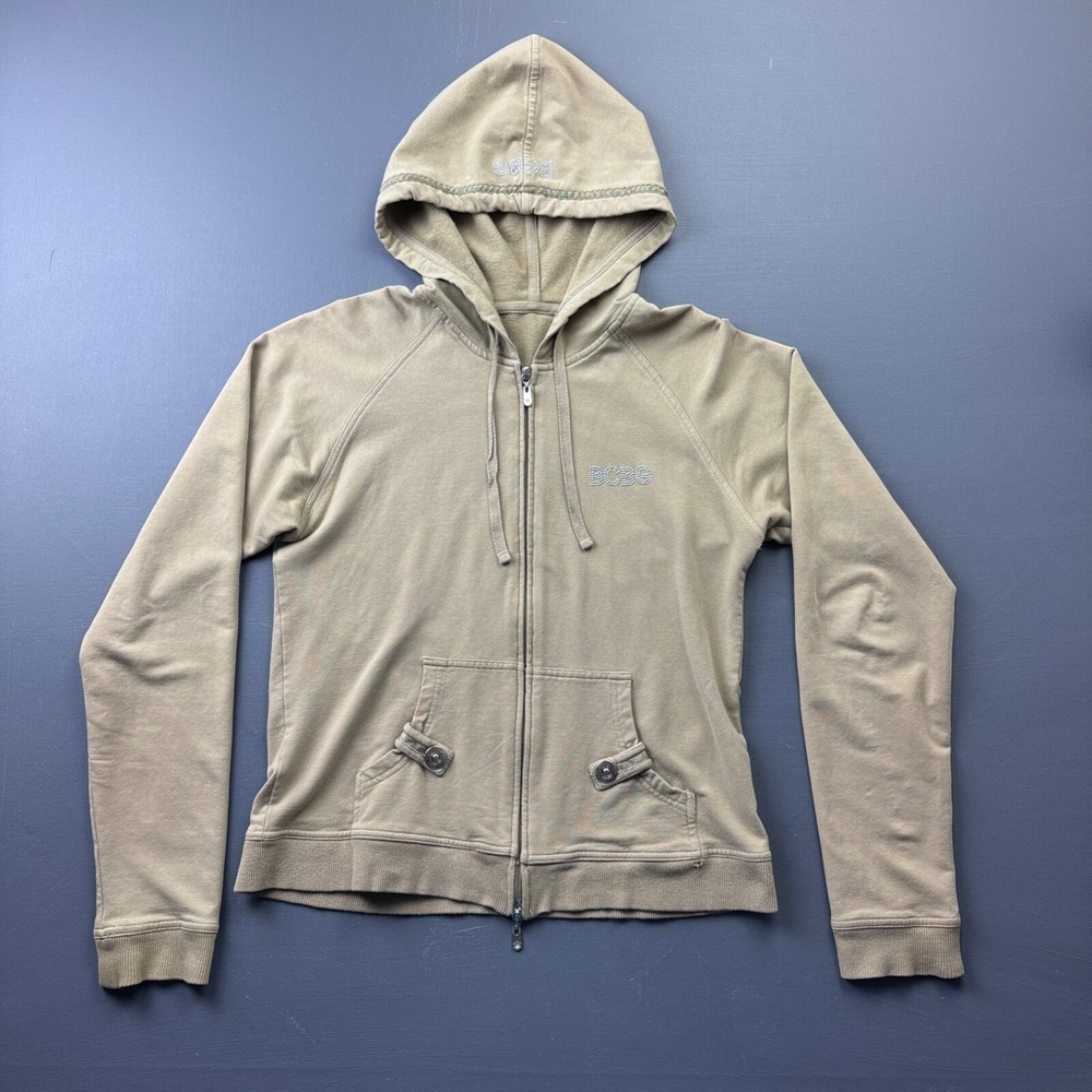 BCBG Women Large Beige Tan Full Zip Hooded Cotton Stretch Casual Sweatshirt Coat